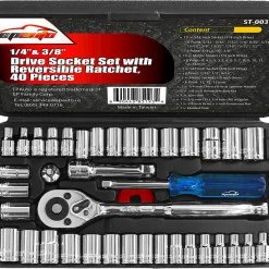 40 Pieces - EPAuto 1/4-Inch & 3/8-Inch Drive Socket Set With 72 Teeth Reversible Ratchet Tools