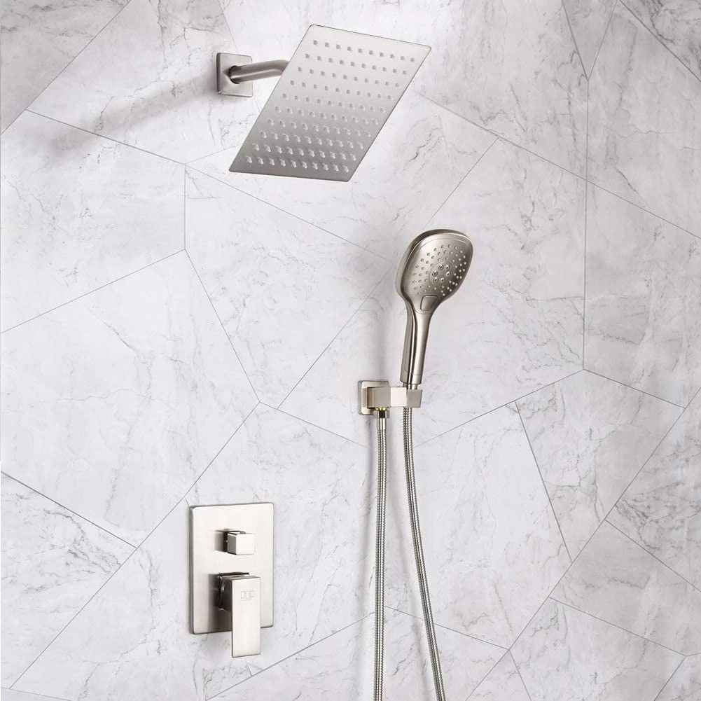 Pete's Tools & Home Improvement POP Shower System Brushed Nickel Bathroom Rainfall Shower Faucet Set Complete Wall Mounted 8 Inch Shower Head And Handle Set With Rough-in Valve Body And Trim Kit