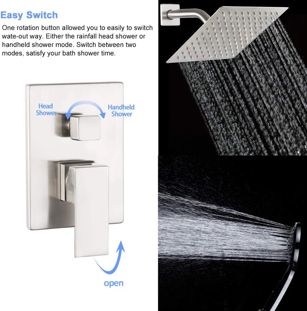 Pete's Tools & Home Improvement POP Shower System Brushed Nickel Bathroom Rainfall Shower Faucet Set Complete Wall Mounted 8 Inch Shower Head And Handle Set With Rough-in Valve Body And Trim Kit