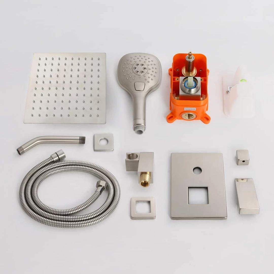 Pete's Tools & Home Improvement POP Shower System Brushed Nickel Bathroom Rainfall Shower Faucet Set Complete Wall Mounted 8 Inch Shower Head And Handle Set With Rough-in Valve Body And Trim Kit