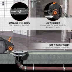 Tools Drain Auger, TACKLIFE Drain Snake 25Ft Automatic Cordless Drain Clog Remover, Replaceable Flexible Shaft And Battery