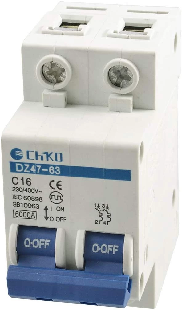 FiYa IIVVERR DIN Rail Mounted DZ47-63 AC 230/400V 16A 2 Pole MCB Mini Circuit Breaker