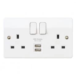 MK LOGIC PLUS 2-GANG DP 13A SWITCHED SOCKET + 2A 2-OUTLET USB CHARGER WHITE Electrical & Lighting