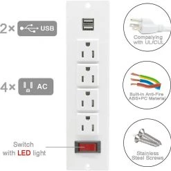 4 LEAF Recessed Power Strip Socket With Switch 4 Power Outlets 2 USB Hubs With 2 Screws White Electrical & Lighting