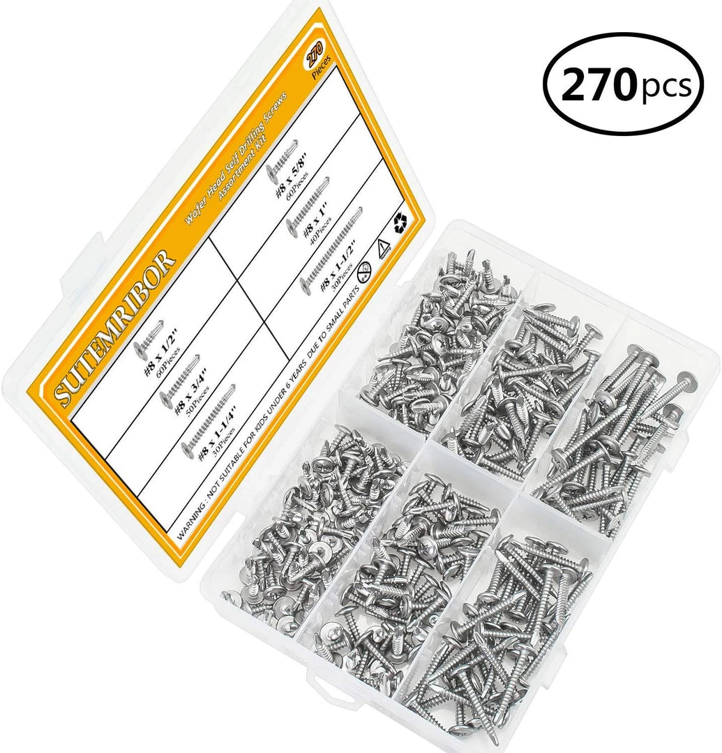 Sutemribor 270 Pieces 410 Stainless Steel Self Drilling Screws Set (#8 Wafer Head) Screws, Nails & Fixing