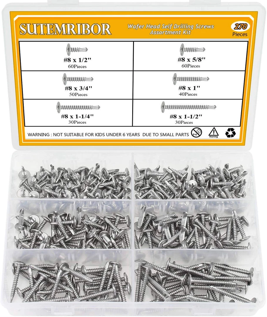 Sutemribor 270 Pieces 410 Stainless Steel Self Drilling Screws Set (#8 Wafer Head) Screws, Nails & Fixing