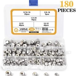 Pete's Tools & Home Improvement VIGRUE 180PCS 1/4-20 5/16-18 3/8-16 8-32 10-32 Lock Nut Assortment Kit, 304 Stainless Steel Nylon Insert Hex Locknuts Nuts, Bolts & Washers